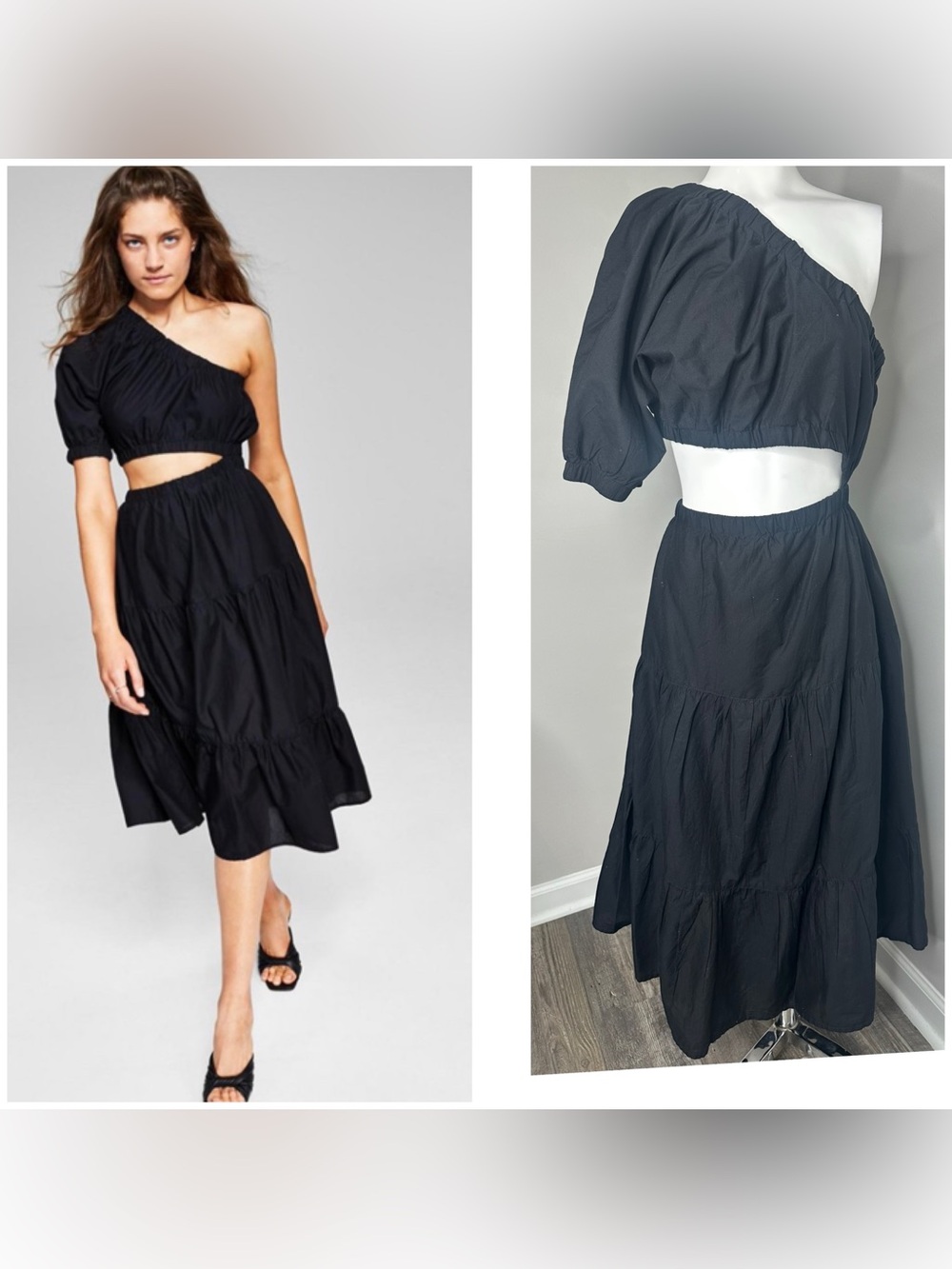 Black One-Shoulder Tiered Midi Dress - Women